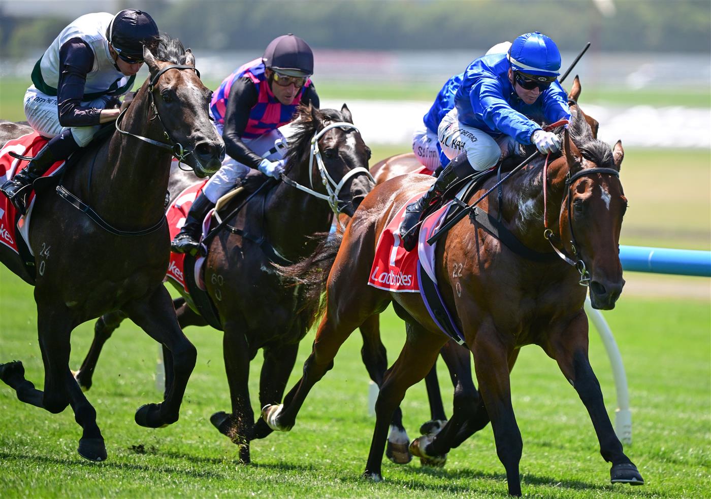 MELBOURNE, AUSTRALIA - FEBRUARY 11: Jamie Kah riding Barber defeats Little Brose and Corniche in Race 3, the Ladbrokes Blue Diamond Prelude C&g, during Melbourne Racing at Sandown Hillside on February 11, 2023 in Melbourne, Australia. (Photo by Vince Caligiuri/Getty Images)