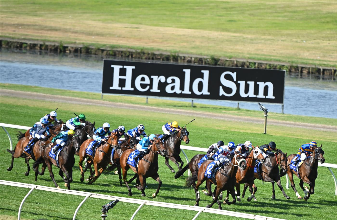 MELBOURNE, AUSTRALIA - FEBRUARY 11: Jamie Kah riding Pounding winning Race 8, The Big Screen Company T.s. Carlyon Cup, during Melbourne Racing at Sandown Hillside on February 11, 2023 in Melbourne, Australia. (Photo by Vince Caligiuri/Getty Images)