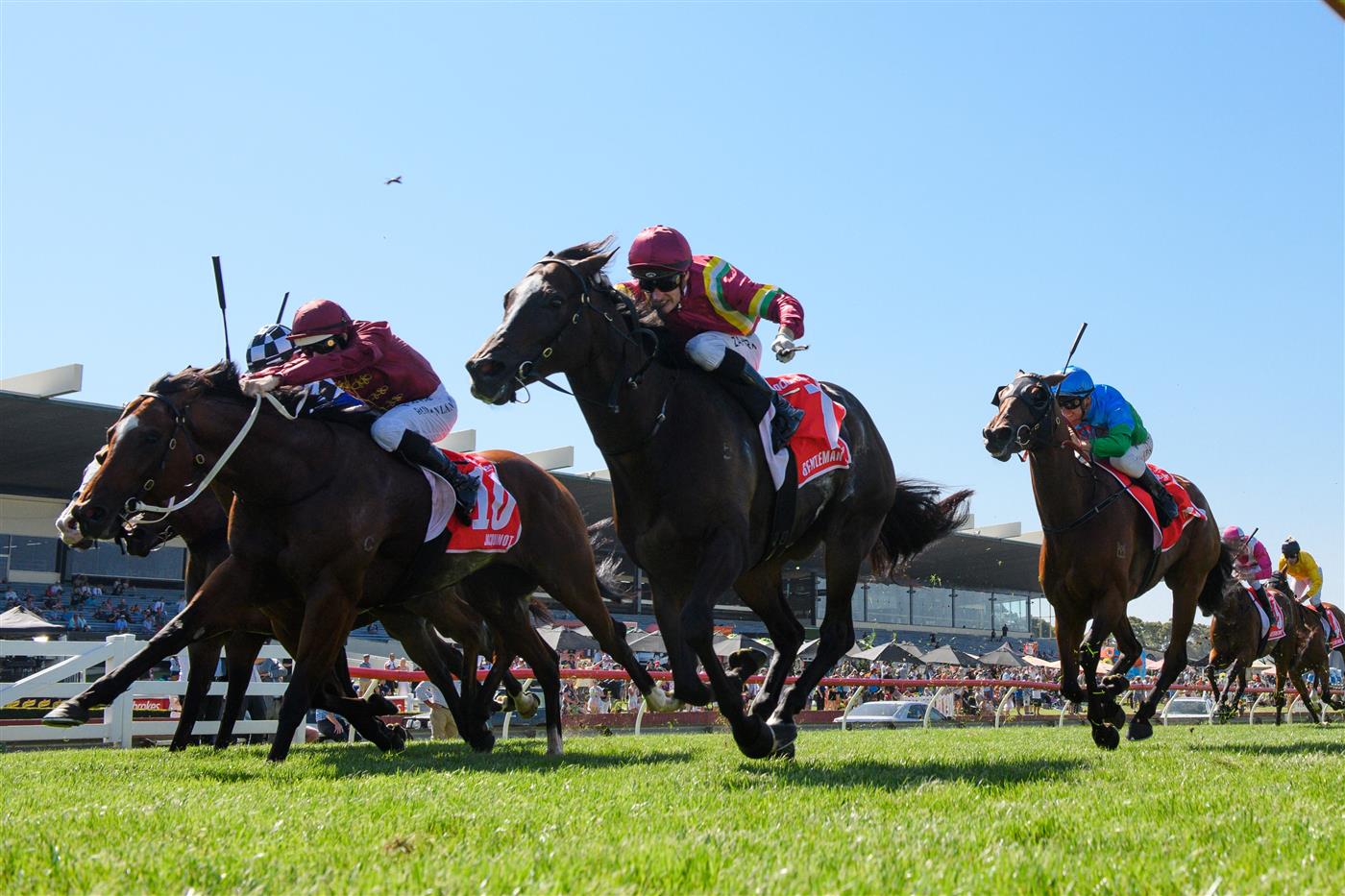 MELBOURNE, AUSTRALIA - FEBRUARY 11: Mark Zahra riding Gentleman Roy wins Race 7, the Ladbrokes C.f. Orr Stakes but loses on protest to Damian Lane riding Jacquinot,  during Melbourne Racing at Sandown Hillside on February 11, 2023 in Melbourne, Australia. (Photo by Vince Caligiuri/Getty Images)