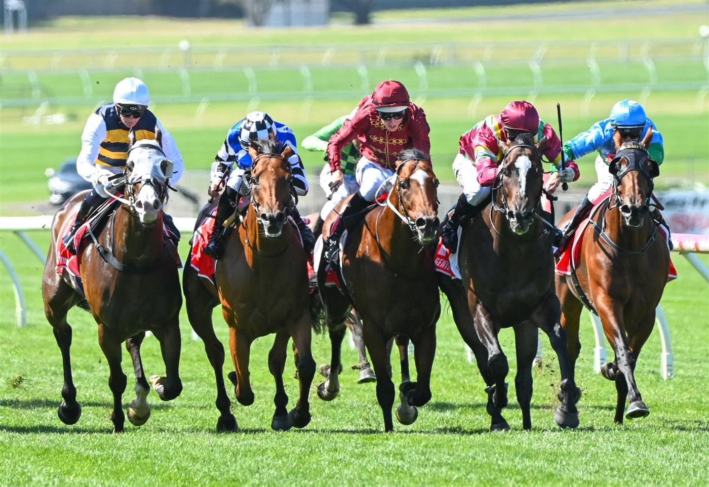 MELBOURNE, AUSTRALIA - FEBRUARY 11: Mark Zahra riding Gentleman Roy (2nd R) wins Race 7, the Ladbrokes C.f. Orr Stakes but loses the race on protest to Damian Lane riding Jacquinot (3 R) from Nugget and I