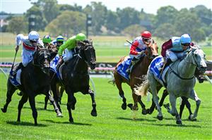 MELBOURNE, AUSTRALIA - FEBRUARY 11: Blake Shinn riding Glint of Silver winning Race 2, the Hyland Race Colours Autumn Stakes, during Melbourne Racing at Sandown Hillside on February 11, 2023 in Melbourne, Australia. (Photo by Vince Caligiuri/Getty Images)