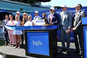SYDNEY, AUSTRALIA - FEBRUARY 11: Trainers and owners celebrate as Chad Schofield riding Learning To Fly wins the Inglis Millennium during Sydney Racing at Royal Randwick Racecourse on February 11, 2023 in Sydney, Australia. (Photo by Jeremy Ng/Getty Images)