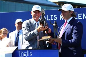 SYDNEY, AUSTRALIA - FEBRUARY 11: Owner Tom Magnier celebrates as Chad Schofield riding Learning To Fly wins the Inglis Millennium during Sydney Racing at Royal Randwick Racecourse on February 11, 2023 in Sydney, Australia. (Photo by Jeremy Ng/Getty Images)