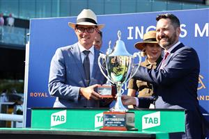 SYDNEY, AUSTRALIA - FEBRUARY 11: Trainers and owners celebrate as Nash Rawiller riding In Secret wins Race 7 TAB Light Fingers Stakes during the Inglis Millennium Day - Sydney Racing at Royal Randwick Racecourse on February 11, 2023 in Sydney, Australia. (Photo by Jeremy Ng/Getty Images)