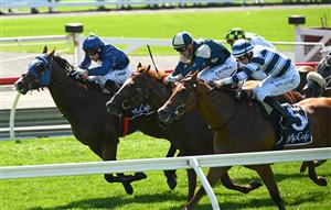 MELBOURNE, AUSTRALIA - FEBRUARY 11: Craig Newitt riding Lofty Strike defeats Damian Lane riding Uncommon James and Marine One (ctr) in Race 6, the Mccafe Rubiton Stakes, during Melbourne Racing at Sandown Hillside on February 11, 2023 in Melbourne, Australia. (Photo by Vince Caligiuri/Getty Images)