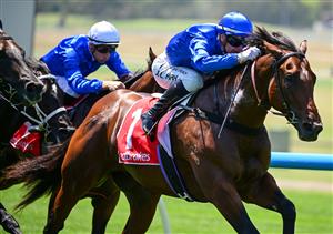 MELBOURNE, AUSTRALIA - FEBRUARY 11: Jamie Kah riding Barber defeats Little Brose and Corniche in Race 3, the Ladbrokes Blue Diamond Prelude C&g, during Melbourne Racing at Sandown Hillside on February 11, 2023 in Melbourne, Australia. (Photo by Vince Caligiuri/Getty Images)