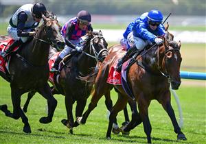 MELBOURNE, AUSTRALIA - FEBRUARY 11: Jamie Kah riding Barber defeats Little Brose and Corniche in Race 3, the Ladbrokes Blue Diamond Prelude C&g, during Melbourne Racing at Sandown Hillside on February 11, 2023 in Melbourne, Australia. (Photo by Vince Caligiuri/Getty Images)