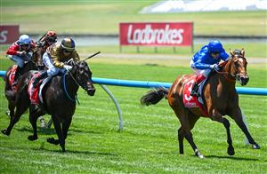 MELBOURNE, AUSTRALIA - FEBRUARY 11: Craig Williams riding Exploring defeats Nikita Beriman riding Party For Two in Race 4,  the Ladbrokes Blue Diamond Prelude Fillies, during Melbourne Racing at Sandown Hillside on February 11, 2023 in Melbourne, Australia. (Photo by Vince Caligiuri/Getty Images)