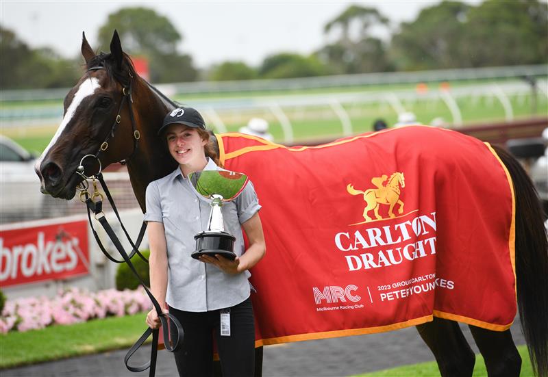 MELBOURNE, AUSTRALIA - FEBRUARY 25: Steinem after winning in Race 6, the Carlton Draught Peter Young Stakes, during Melbourne Racing at Sandown Lakeside on February 25, 2023 in Melbourne, Australia. (Photo by Vince Caligiuri/Getty Images)