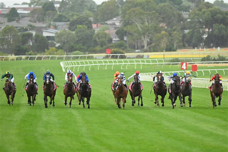MELBOURNE, AUSTRALIA - FEBRUARY 25:  Ben Thompson riding Uncommon James (ctr) Race 9, the Ladbrokes Oakleigh Plate,  during Melbourne Racing at Sandown Lakeside on February 25, 2023 in Melbourne, Australia. (Photo by Vince Caligiuri/Getty Images)
