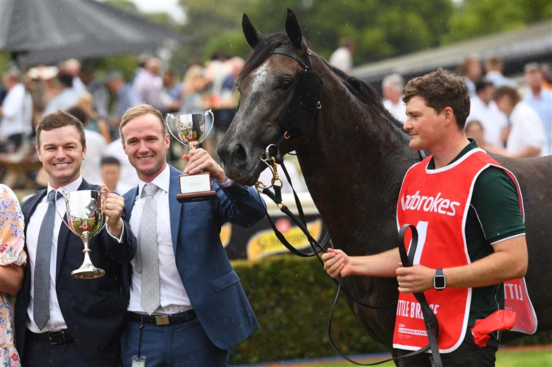 MELBOURNE, AUSTRALIA - FEBRUARY 25: Trainers Ben Hayes and JD Hayes pose with Little Brose after winning in Race 7, the Ladbrokes Blue Diamond Stakes,  during Melbourne Racing at Sandown Lakeside on February 25, 2023 in Melbourne, Australia. (Photo by Vince Caligiuri/Getty Images)