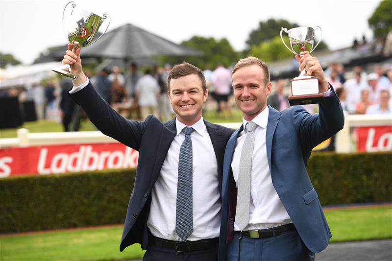 MELBOURNE, AUSTRALIA - FEBRUARY 25: Trainers Ben Hayes and JD Hayes pose after Little Brose won in Race 7, the Ladbrokes Blue Diamond Stakes,  during Melbourne Racing at Sandown Lakeside on February 25, 2023 in Melbourne, Australia. (Photo by Vince Caligiuri/Getty Images)