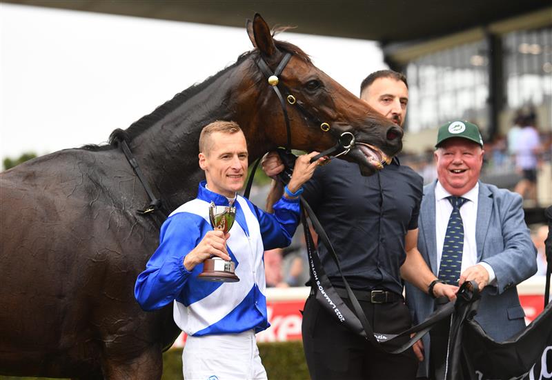 MELBOURNE, AUSTRALIA - FEBRUARY 25: Blake Shinn riding Alligator Blood after winning Race 8, the Lamaro's Futurity Stakes, during Melbourne Racing at Sandown Lakeside on February 25, 2023 in Melbourne, Australia. (Getty)