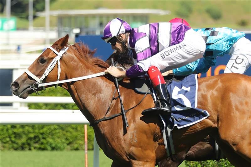 SYDNEY, AUSTRALIA - FEBRUARY 25: Hugh Bowman riding Lazzago wins Race 6 Catanach’s Sweet Embrace Stakes during TAB Chipping Norton Stakes Day - Sydney Racing at Royal Randwick Racecourse on February 25, 2023 in Sydney, Australia. (Photo by Jeremy Ng/Getty Images)