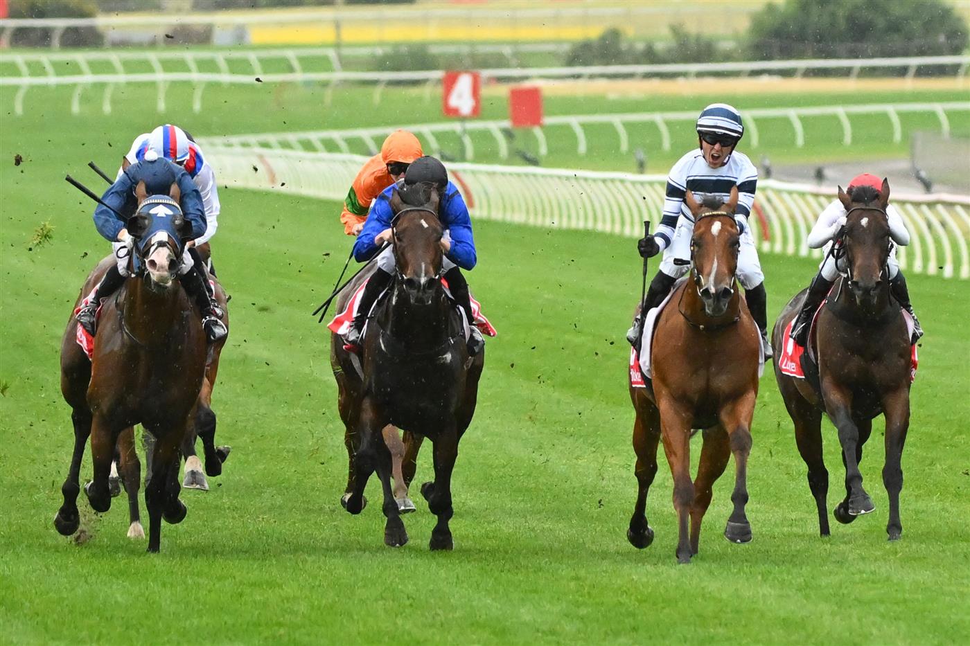 MELBOURNE, AUSTRALIA - FEBRUARY 25:  Ben Thompson riding Uncommon James reacts on the line after winning Race 9, the Ladbrokes Oakleigh Plate,  during Melbourne Racing at Sandown Lakeside on February 25, 2023 in Melbourne, Australia. (Photo by Vince Caligiuri/Getty Images)
