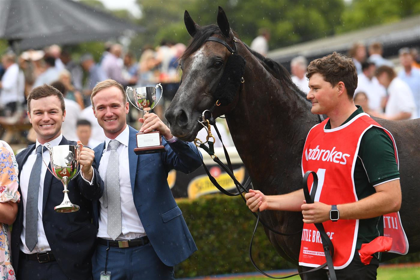 MELBOURNE, AUSTRALIA - FEBRUARY 25: Trainers Ben Hayes and JD Hayes pose with Little Brose after winning in Race 7, the Ladbrokes Blue Diamond Stakes,  during Melbourne Racing at Sandown Lakeside on February 25, 2023 in Melbourne, Australia. (Photo by Vince Caligiuri/Getty Images)
