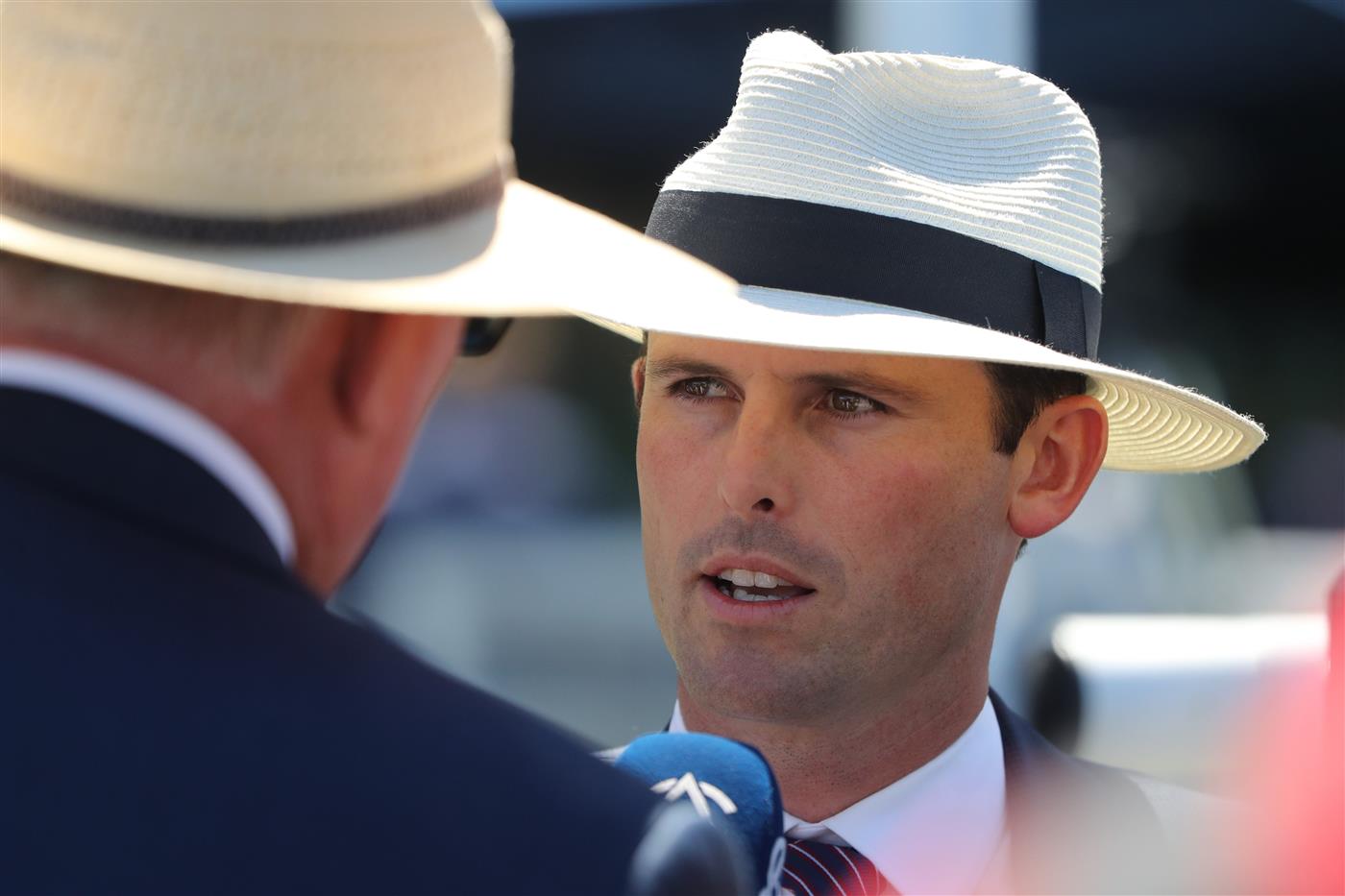 SYDNEY, AUSTRALIA - FEBRUARY 25: Trainer James Cummings speaks to the media after Corniche wins Race 3 Elite Sand and Soil Skyline Stakes during TAB Chipping Norton Stakes Day - Sydney Racing at Royal Randwick Racecourse on February 25, 2023 in Sydney, Australia. (Photo by Jeremy Ng/Getty Images)