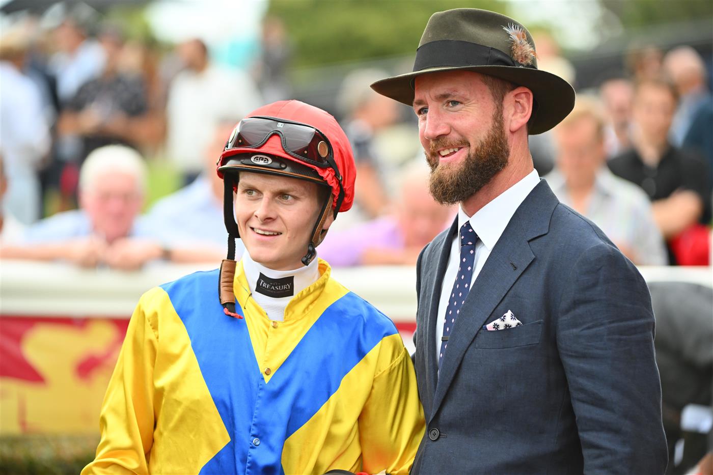 MELBOURNE, AUSTRALIA - FEBRUARY 25: Ethan Brown poses with Trainer Ciaron Maher after riding Right You Are to win Race 1, the Ladbrokes Victoria Gold Cup, during Melbourne Racing at Sandown Lakeside on February 25, 2023 in Melbourne, Australia. (Photo by Vince Caligiuri/Getty Images)