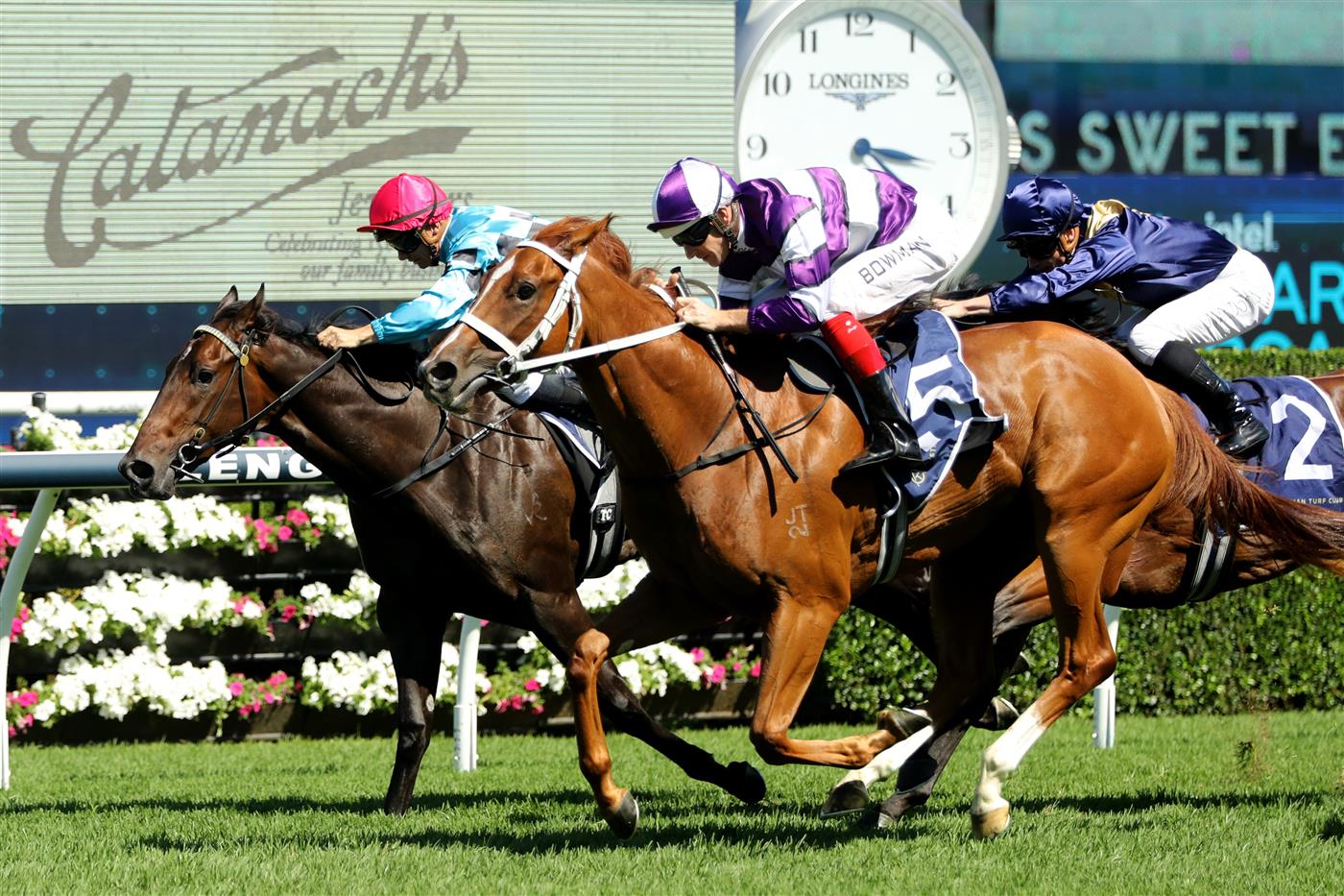 SYDNEY, AUSTRALIA - FEBRUARY 25: Hugh Bowman riding Lazzago wins Race 6 Catanach’s Sweet Embrace Stakes during TAB Chipping Norton Stakes Day - Sydney Racing at Royal Randwick Racecourse on February 25, 2023 in Sydney, Australia. (Photo by Jeremy Ng/Getty Images)