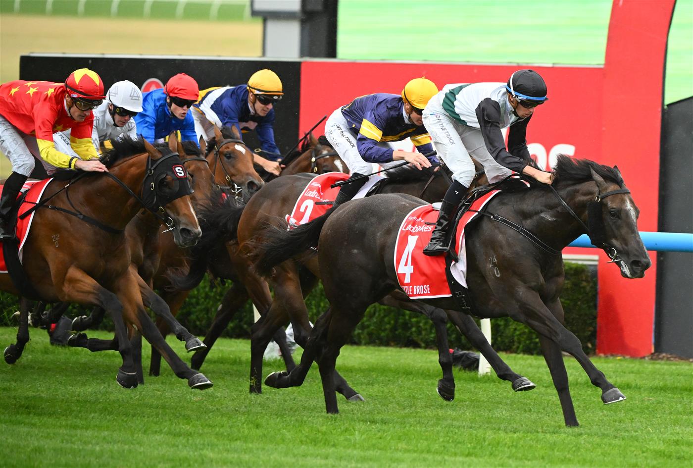 MELBOURNE, AUSTRALIA - FEBRUARY 25: Michael Dee riding Little Brose defeats Mark Zahra riding Don Corleone in Race 7, the Ladbrokes Blue Diamond Stakes,  during Melbourne Racing at Sandown Lakeside on February 25, 2023 in Melbourne, Australia. (Photo by Vince Caligiuri/Getty Images)