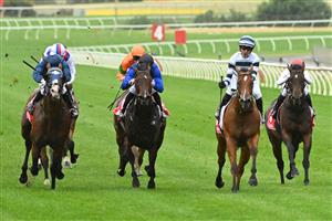 MELBOURNE, AUSTRALIA - FEBRUARY 25:  Ben Thompson riding Uncommon James reacts on the line after winning Race 9, the Ladbrokes Oakleigh Plate,  during Melbourne Racing at Sandown Lakeside on February 25, 2023 in Melbourne, Australia. (Photo by Vince Caligiuri/Getty Images)