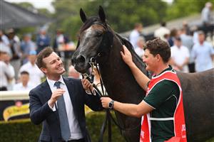 MELBOURNE, AUSTRALIA - FEBRUARY 25: Trainer Ben Hayes poses with Little Brose after winning in Race 7, the Ladbrokes Blue Diamond Stakes,  during Melbourne Racing at Sandown Lakeside on February 25, 2023 in Melbourne, Australia. (Photo by Vince Caligiuri/Getty Images)