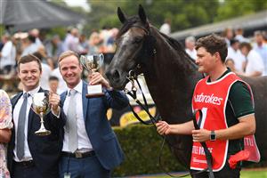 MELBOURNE, AUSTRALIA - FEBRUARY 25: Trainers Ben Hayes and JD Hayes pose with Little Brose after winning in Race 7, the Ladbrokes Blue Diamond Stakes,  during Melbourne Racing at Sandown Lakeside on February 25, 2023 in Melbourne, Australia. (Photo by Vince Caligiuri/Getty Images)