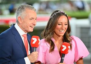 MELBOURNE, AUSTRALIA - FEBRUARY 25: Channel 7 Horse Racing presenters , Bruce McAvaney and Katelyn Mallyon during Melbourne Racing at Sandown Lakeside on February 25, 2023 in Melbourne, Australia. (Photo by Vince Caligiuri/Getty Images)
