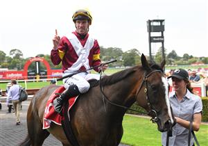 MELBOURNE, AUSTRALIA - FEBRUARY 25: John Allen riding Steinem after winning in Race 6, the Carlton Draught Peter Young Stakes, during Melbourne Racing at Sandown Lakeside on February 25, 2023 in Melbourne, Australia. (Photo by Vince Caligiuri/Getty Images)