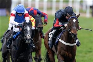 NEWBURY, ENGLAND - MARCH 04: Theo Gillard riding Fruit N Nut (black/red) clear the last to win The Make Your Best Bet At BetVictor Handicap Hurdle at Newbury Racecourse on March 04, 2023 in Newbury, England. (Photo by Alan Crowhurst/Getty Images)