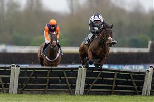 NEWBURY, ENGLAND - MARCH 04: Paul O'Brien riding Dargiannini clear the last to win The BetVictor Non-Runner-No-Bet At Cheltenham Seniors' Handicap Hurdle at Newbury Racecourse on March 04, 2023 in Newbury, England. (Photo by Alan Crowhurst/Getty Images)