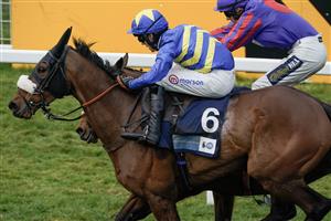 ESHER, ENGLAND - MARCH 11: Harry Cobden riding Larchmont Lass (blue/yellow) win The British Stallion Studs EBF Mares' Standard Open NH Flat Race at Sandown Park on March 11, 2023 in Esher, England. (Photo by Alan Crowhurst/Getty Images)
