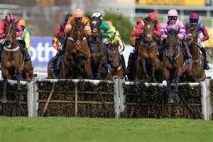 ESHER, ENGLAND - MARCH 11: Connor Brace riding Crambo (R, pink) on their way to winning The European Breeders' Fund Betfair 'National Hunt' Novices' Handicap Hurdle Final at Sandown Park on March 11, 2023 in Esher, England. (Photo by Alan Crowhurst/Getty Images)