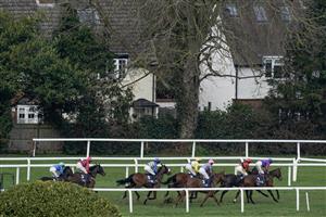 ESHER, ENGLAND - MARCH 11: Down the back straight during The British Stallion Studs EBF Mares' Standard Open NH Flat Race at Sandown Park on March 11, 2023 in Esher, England. (Photo by Alan Crowhurst/Getty Images)
