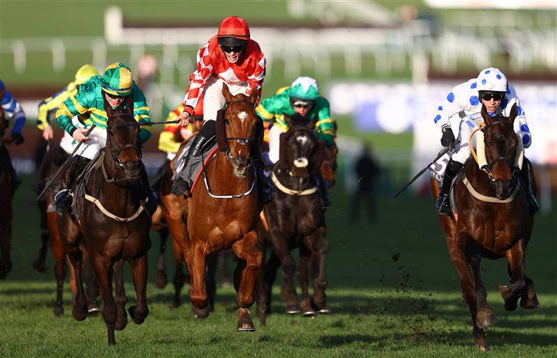 CHELTENHAM, ENGLAND - MARCH 14: Michael O'Sullivan celebrates on board Jazzy Matty after winning the Boodles Juvenile Handicap Hurdle during day one of the Cheltenham Festival 2023 at Cheltenham Racecourse on March 14, 2023 in Cheltenham, England. (Photo by Michael Steele/Getty Images)
