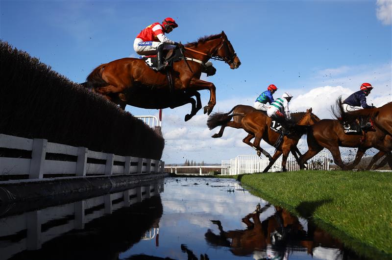 CHELTENHAM, ENGLAND - MARCH 14: Runners take the water jump during the Ultima Handicap Chase during day one of the Cheltenham Festival 2023 at Cheltenham Racecourse on March 14, 2023 in Cheltenham, England. (Photo by Michael Steele/Getty Images)