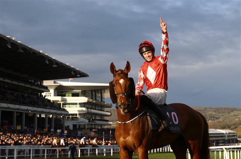 CHELTENHAM, ENGLAND - MARCH 14: Michael O'Sullivan celebrates on board Jazzy Matty after winning the Boodles Juvenile Handicap Hurdle during day one of the Cheltenham Festival 2023 at Cheltenham Racecourse on March 14, 2023 in Cheltenham, England. (Photo by Michael Steele/Getty Images)