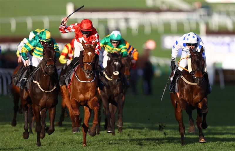 CHELTENHAM, ENGLAND - MARCH 14: Michael O'Sullivan on board Jazzy Matty on their way to winning the Boodles Juvenile Handicap Hurdle during day one of the Cheltenham Festival 2023 at Cheltenham Racecourse on March 14, 2023 in Cheltenham, England. (Photo by Michael Steele/Getty Images)