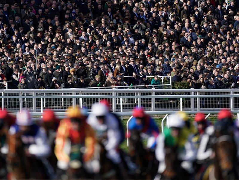 CHELTENHAM, ENGLAND - MARCH 14: Racegoers keep an eye on the action during The Ultima Handicap Chase during day one of the Cheltenham Festival 2023 at Cheltenham Racecourse on March 14, 2023 in Cheltenham, England. (Photo by Alan Crowhurst/Getty Images)