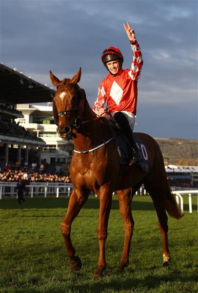CHELTENHAM, ENGLAND - MARCH 14: Michael O'Sullivan celebrates on board Jazzy Matty after winning the Boodles Juvenile Handicap Hurdle during day one of the Cheltenham Festival 2023 at Cheltenham Racecourse on March 14, 2023 in Cheltenham, England. (Photo by Michael Steele/Getty Images)
