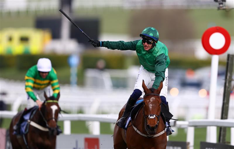 CHELTENHAM, ENGLAND - MARCH 14: Paul Townend celebrates on board El Fabiolo after winning the Sporting Life Arkle Challenge Trophy Novices' Chase during day one of the Cheltenham Festival 2023 at Cheltenham Racecourse on March 14, 2023 in Cheltenham, England. (Photo by Michael Steele/Getty Images)
