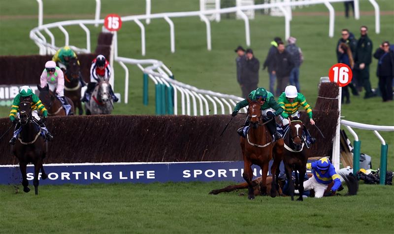 CHELTENHAM, ENGLAND - MARCH 14: El Fabiolo ridden by Paul Townend jumps the last ahead of Jonbon ridden by Aidan Coleman on their way to winning the Sporting Life Arkle Challenge Trophy Novices' Chase during day one of the Cheltenham Festival 2023 at Cheltenham Racecourse on March 14, 2023 in Cheltenham, England. (Photo by Michael Steele/Getty Images)