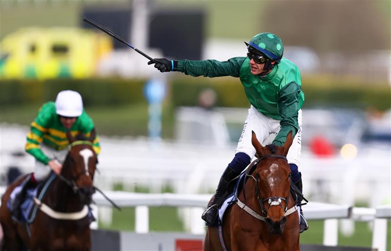 CHELTENHAM, ENGLAND - MARCH 14: Paul Townend celebrates on board El Fabiolo after winning the Sporting Life Arkle Challenge Trophy Novices' Chase during day one of the Cheltenham Festival 2023 at Cheltenham Racecourse on March 14, 2023 in Cheltenham, England. (Photo by Michael Steele/Getty Images)