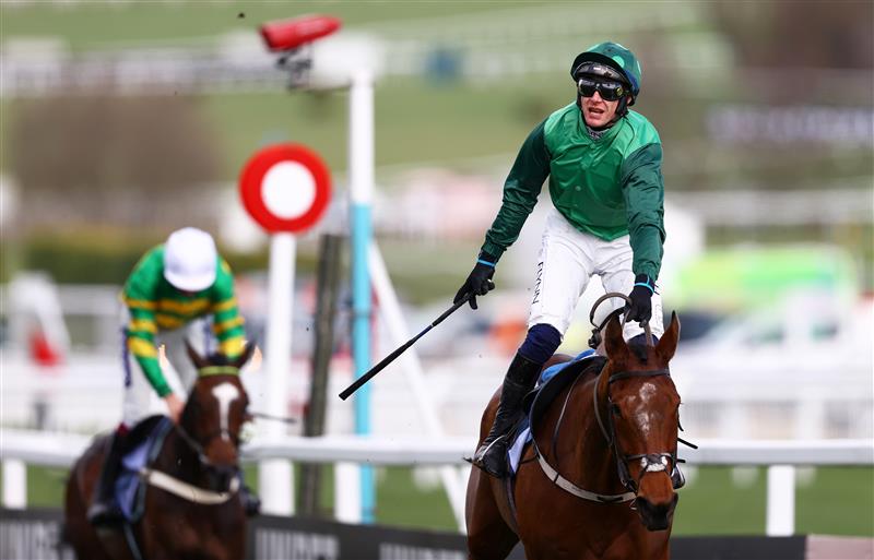 CHELTENHAM, ENGLAND - MARCH 14: Paul Townend celebrates on board El Fabiolo after winning the Sporting Life Arkle Challenge Trophy Novices' Chase during day one of the Cheltenham Festival 2023 at Cheltenham Racecourse on March 14, 2023 in Cheltenham, England. (Photo by Michael Steele/Getty Images)