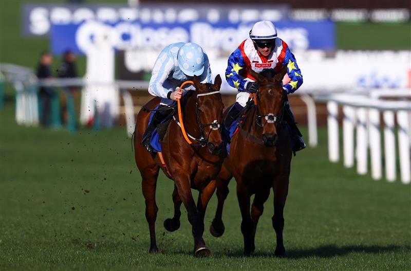 CHELTENHAM, ENGLAND - MARCH 14: Rachael Blackmore on board Honeysuckle leads Jonathan Burke on board Love Envoi to win the Close Brothers Mares' Hurdle during day one of the Cheltenham Festival 2023 at Cheltenham Racecourse on March 14, 2023 in Cheltenham, England. (Photo by Michael Steele/Getty Images)
