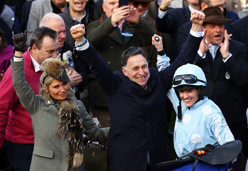 CHELTENHAM, ENGLAND - MARCH 14: Trainer Henry De Bromhead celebrates alongside Jockey Rachael Blackmore and Wife Heather De Bromhead after Honeysuckle won the Close Brothers Mares' Hurdle during day one of the Cheltenham Festival 2023 at Cheltenham Racecourse on March 14, 2023 in Cheltenham, England. (Photo by Michael Steele/Getty Images)