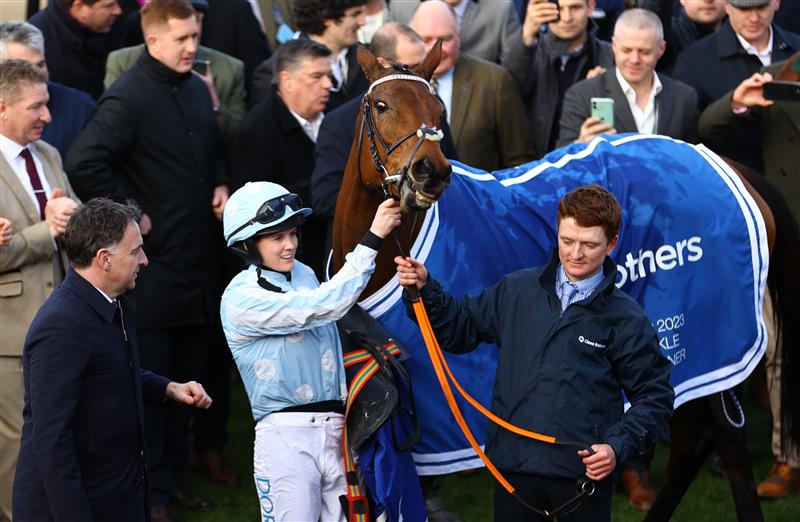 CHELTENHAM, ENGLAND - MARCH 14: Rachael Blackmore celebrates alongside Trainer Henry De Bromhead after winning the Close Brothers Mares' Hurdle on board Honeysuckle during day one of the Cheltenham Festival 2023 at Cheltenham Racecourse on March 14, 2023 in Cheltenham, England. (Photo by Michael Steele/Getty Images)
