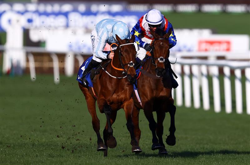 CHELTENHAM, ENGLAND - MARCH 14: Rachael Blackmore on board Honeysuckle leads Jonathan Burke on board Love Envoi to win the Close Brothers Mares' Hurdle during day one of the Cheltenham Festival 2023 at Cheltenham Racecourse on March 14, 2023 in Cheltenham, England. (Photo by Michael Steele/Getty Images)
