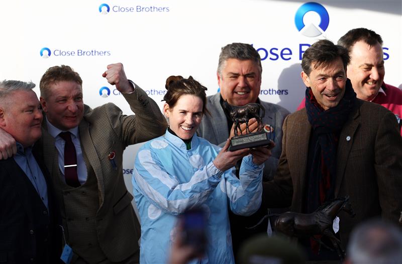 CHELTENHAM, ENGLAND - MARCH 14: Rachael Blackmore poses after winning the Close Brothers Mares' Hurdle on board Honeysuckle during day one of the Cheltenham Festival 2023 at Cheltenham Racecourse on March 14, 2023 in Cheltenham, England. (Photo by Michael Steele/Getty Images)