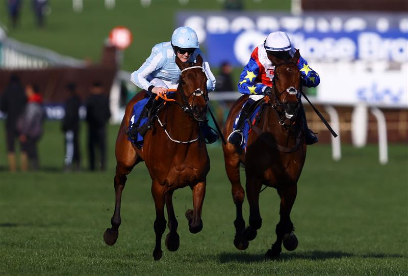 CHELTENHAM, ENGLAND - MARCH 14: Rachael Blackmore on board Honeysuckle leads Jonathan Burke on board Love Envoi to win the Close Brothers Mares' Hurdle during day one of the Cheltenham Festival 2023 at Cheltenham Racecourse on March 14, 2023 in Cheltenham, England. (Photo by Michael Steele/Getty Images)